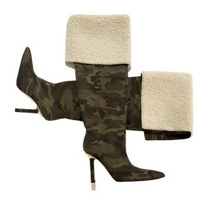 Good American Kickstand Over The Knee Boots Sz 6 Camo Neoprene Sherpa Pointy Toe